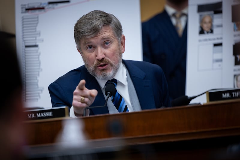 Congressman Thomas Massie (R-KY) questions Attorney General Pam Bondi about the Epstein Files during a hearing before the House Committee on the Judiciary, at the Rayburn House Office Building in Washington, DC on  February 11, 2026.