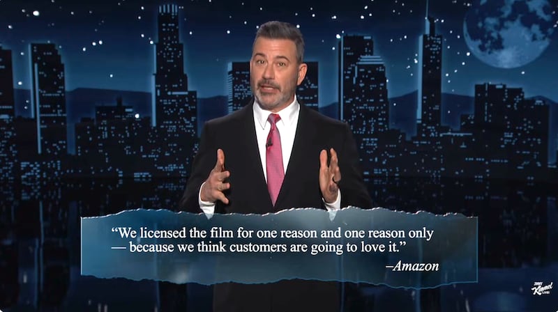 Jimmy Kimmel Live! Kimmel quoting an Amazon spokesman about licensing Melania's film.