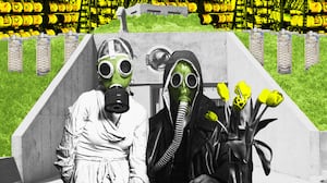 Illo illustration of a man and woman in a gas mask in front of a survival shelter