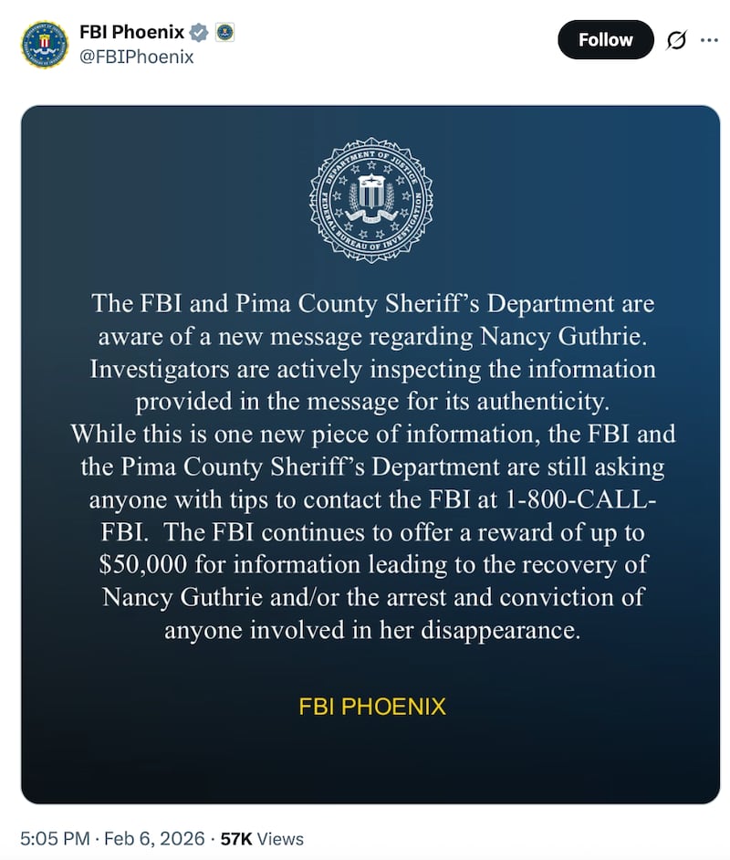 The FBI's Phoenix office announced that a new message about Guthrie's disappearance was received on Friday.