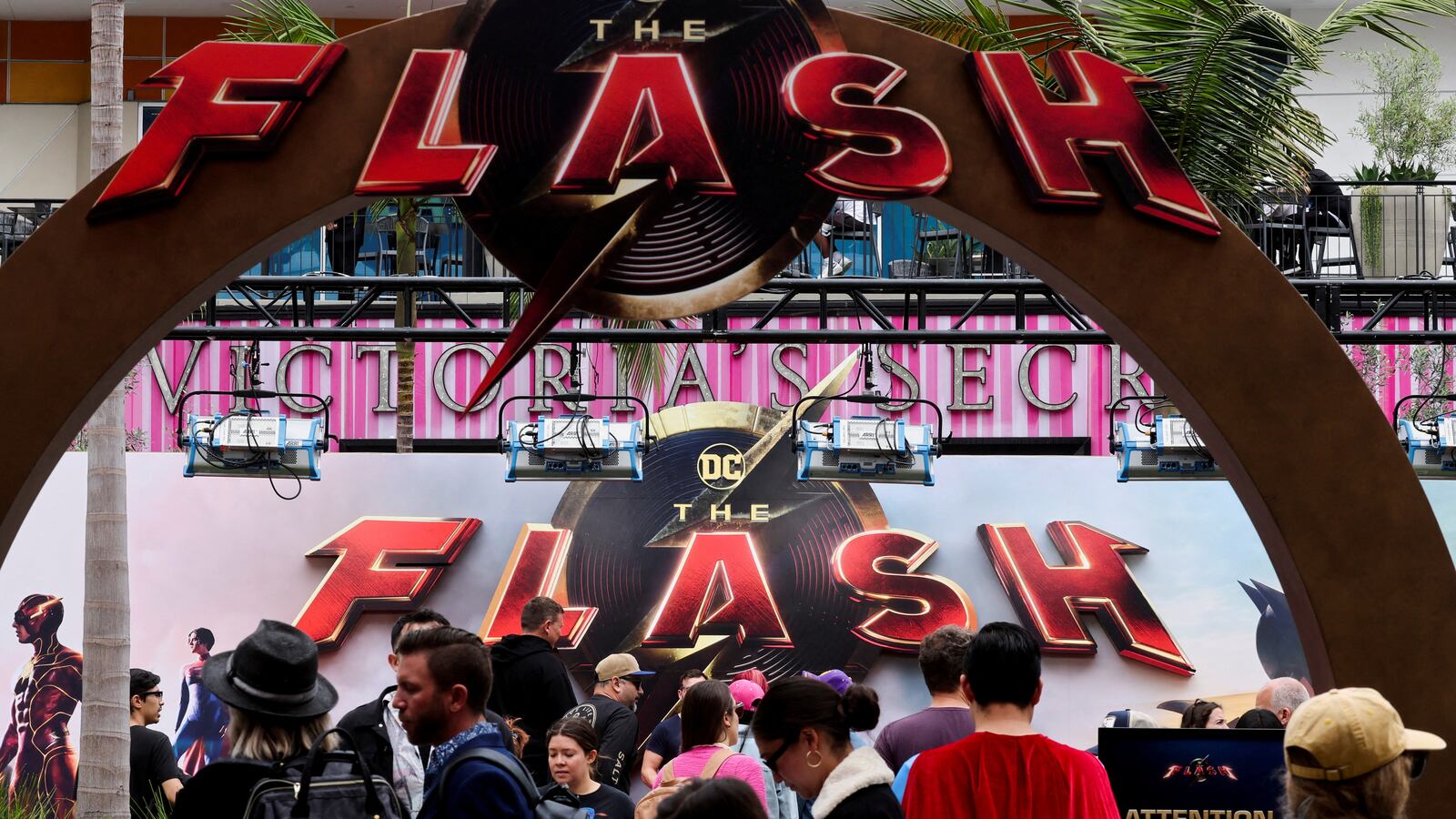 People gather at a promo area ahead of the world premiere of \"The Flash\", in Hollywood, Los Angeles, California, U.S., June 12, 2023.