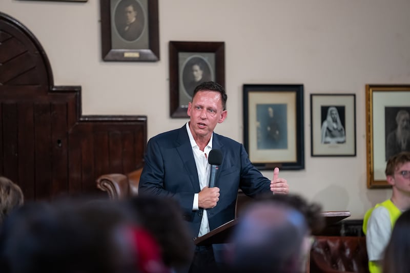 Peter Thiel speaks at The Cambridge Union in May, 2024, in Cambridge.