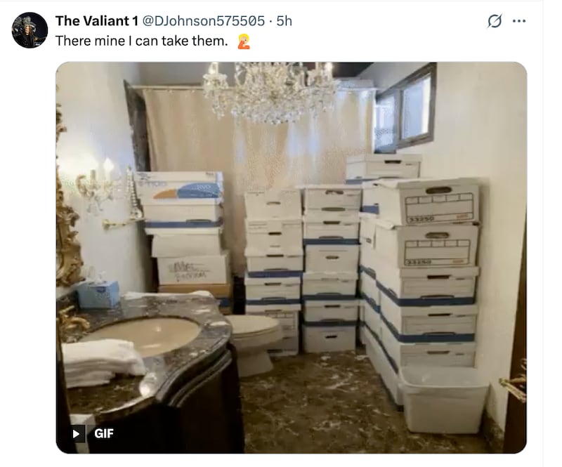 Boxes of White House documents Trump kept in a Mar-a-Lago bathroom after the first time he left the White House.