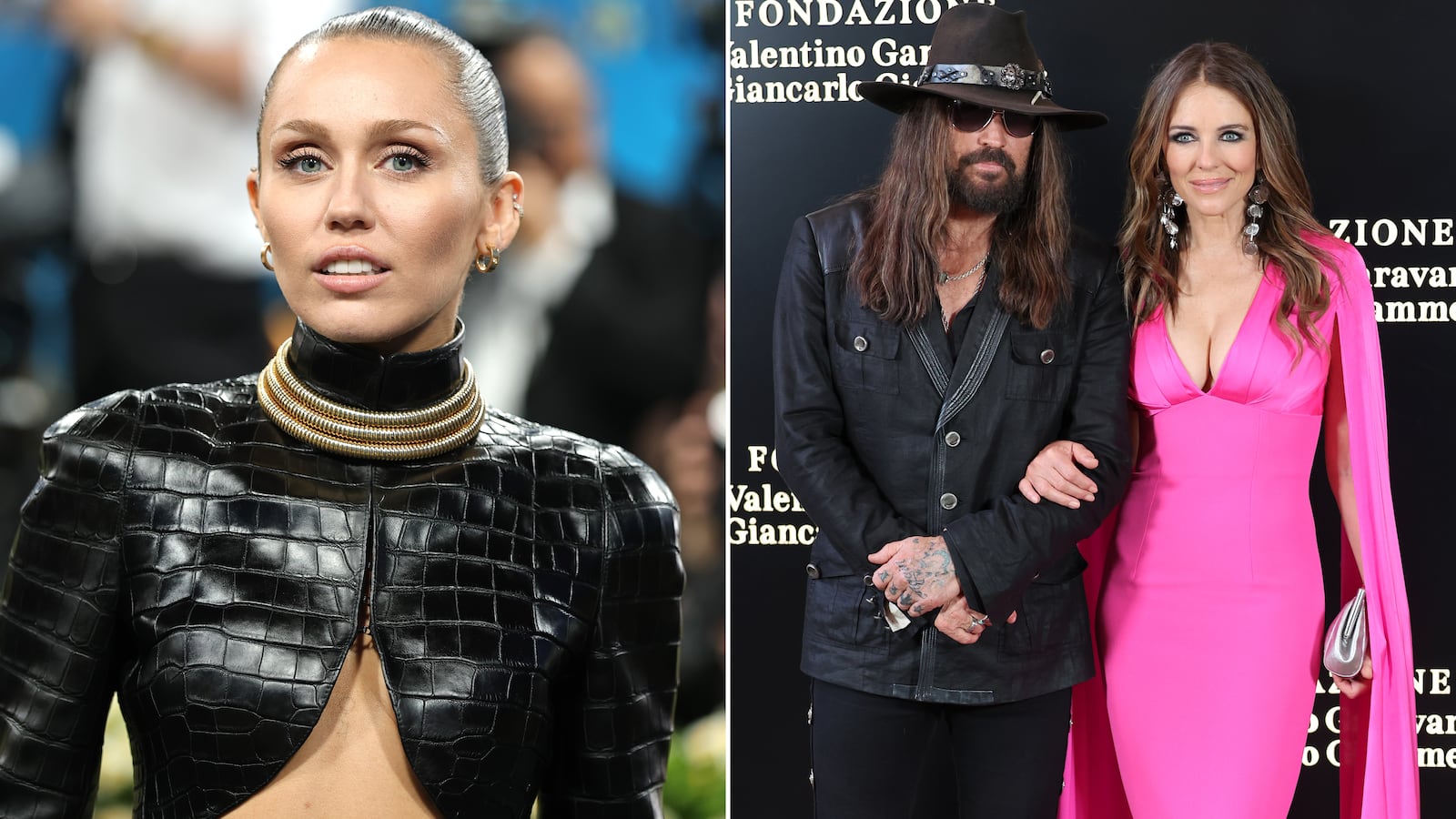 Miley Cyrus, Billy Ray Cyrus, Elizabeth Hurly split image