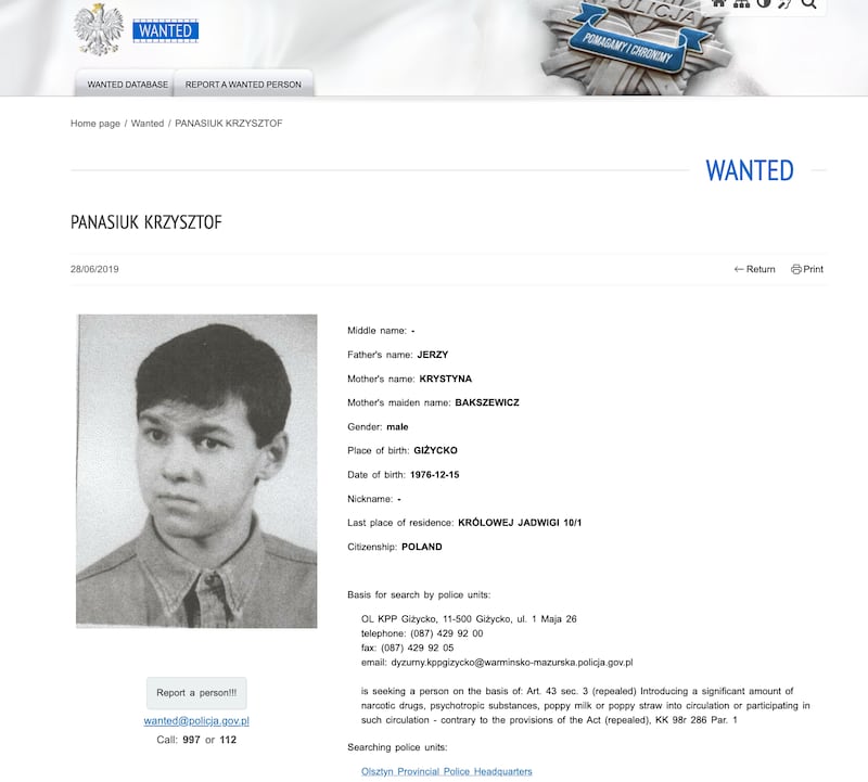 The Polish police's wanted page for Krzysztof Panasiuk.