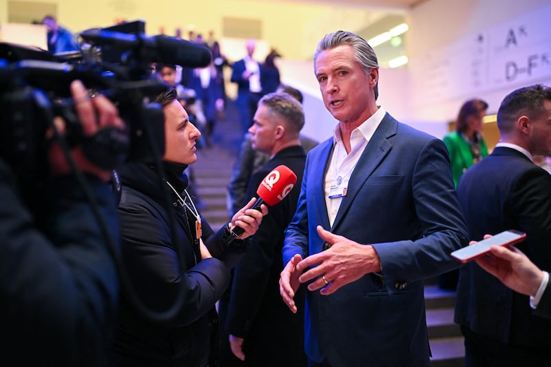 US' Governor Of california Gavin Newsom speaks to the press