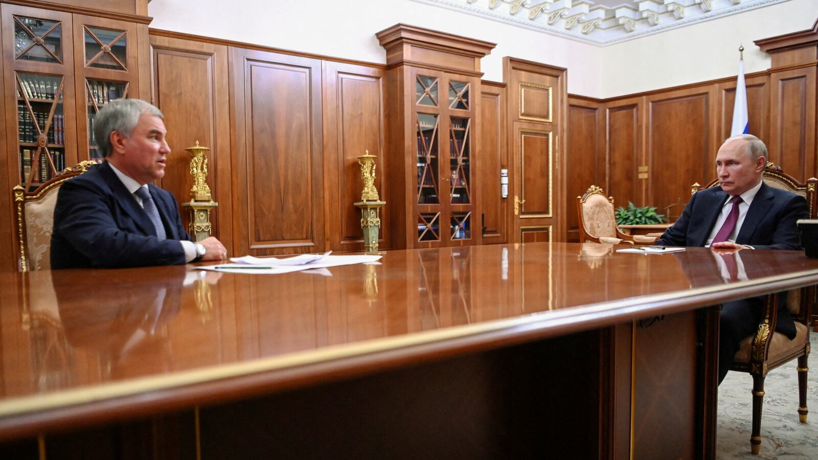 Russian President Vladimir Putin and State Duma Chairman Vyacheslav Volodin attend a meeting at the Kremlin in Moscow, Russia, July 31, 2023.
