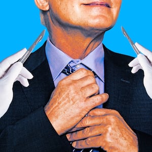 A photo illo illustration of a man wearing a suit and tie and scalpels.