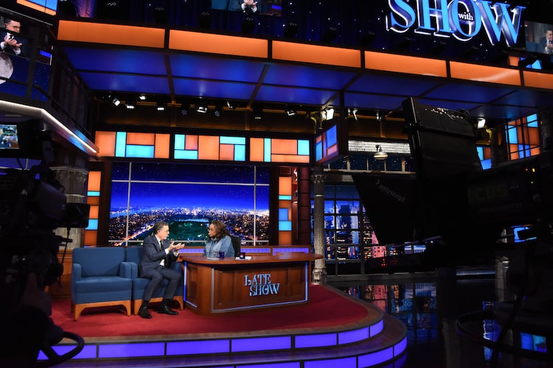 The Late Show with Stephen Colbert and guest Oprah Winfrey during Tuesday’s April 7, 2026, show.