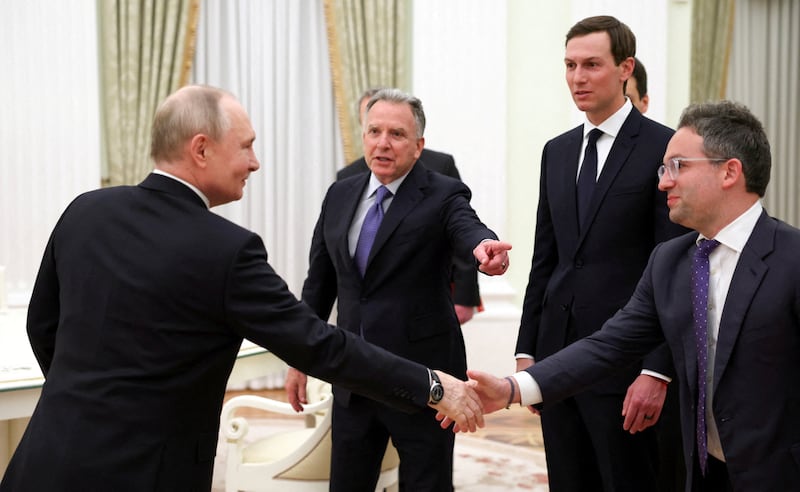 Russia's President Vladimir Putin attends a meeting with U.S. President Donald Trump's special envoy Steve Witkoff, son-in-law Jared Kushner and Josh Gruenbaum, Commissioner of the U.S. Federal Acquisition Service, at the Kremlin in Moscow, Russia, January 22, 2026.