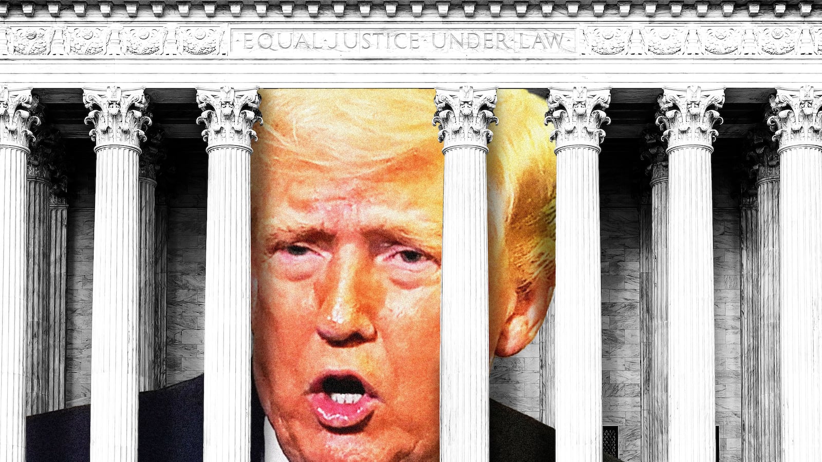 Donald Trump behind the columns of the Supreme Court building