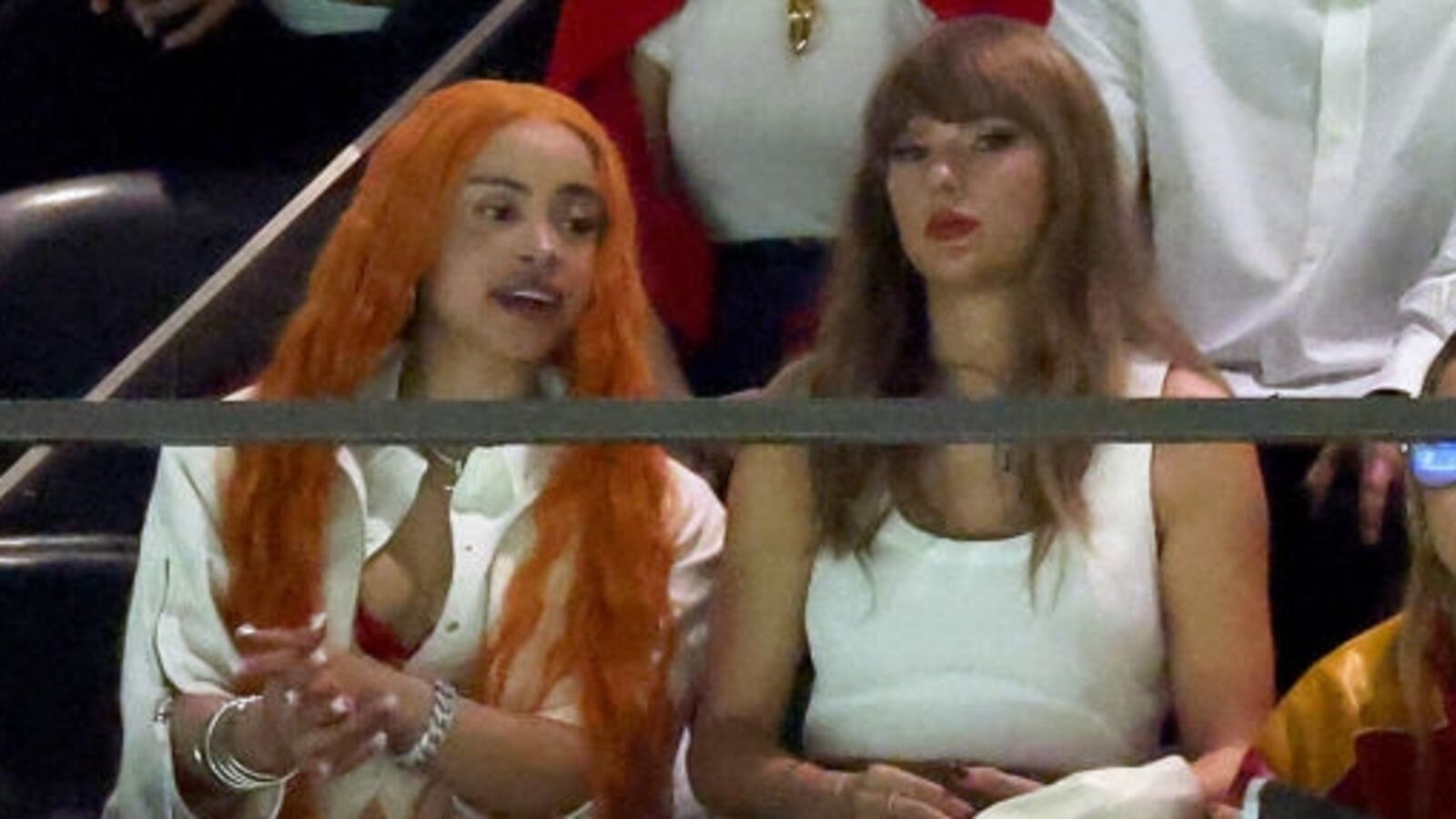 (L-R) Ice Spice, Ashley Avignone, and Taylor Swift attend Super Bowl LIX at Caesars Superdome on February 09, 2025 in New Orleans, Louisiana.