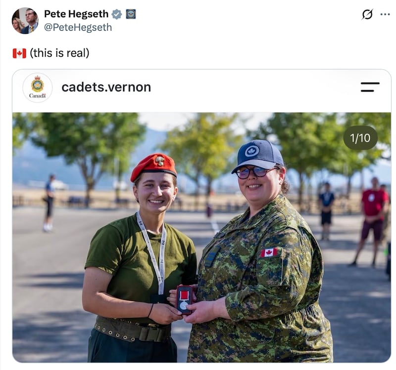 Pete Hegseth makes a post about Canadians on X.