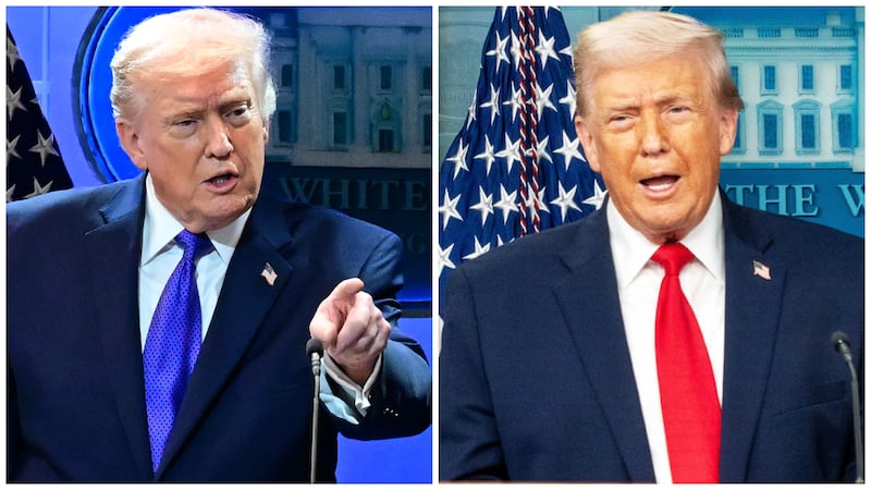 The lighting at Friday’s speech, left, was noticeably dimmer than when the president spoke in the White House Press Briefing Room on Jan. 20, right.