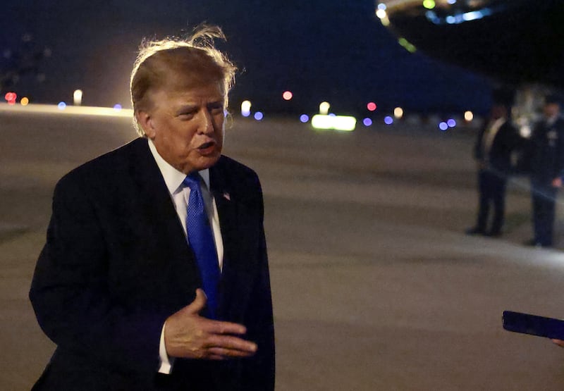 U.S. President Donald Trump speaks to the media upon arrival at Los Angeles International Airport before departing Los Angeles for Las Vegas, Nevada, in Los Angeles, California, U.S., August 4, 2026.
