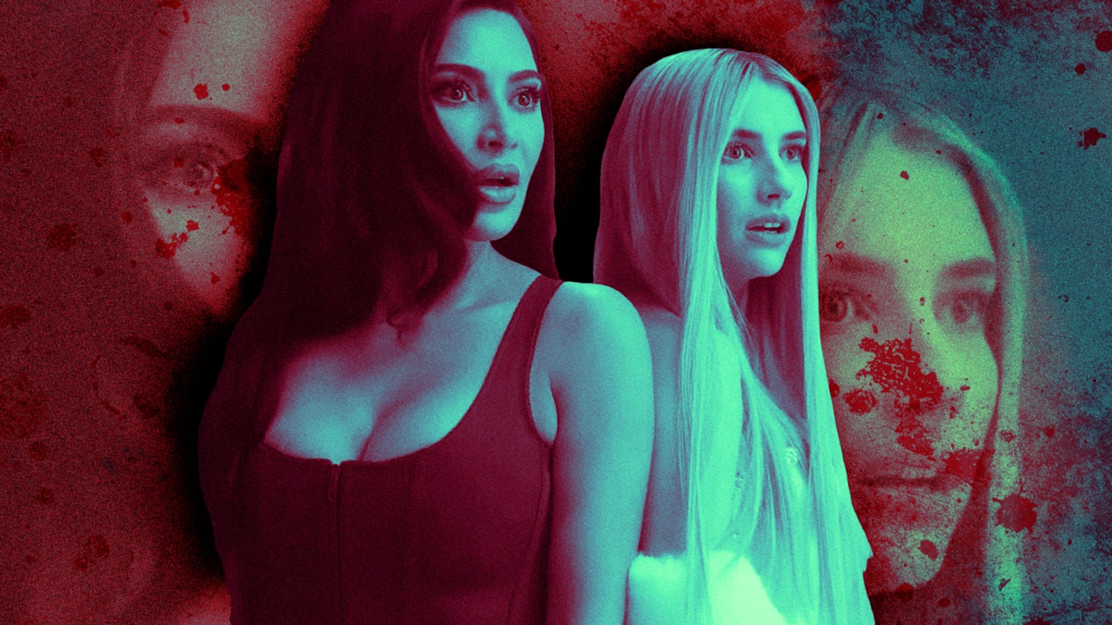 A photo illustration of Kim Kardashian and Emma Roberts in American Horror Story: Delicate.