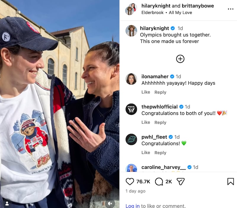 The Instagram post announcing the engagement of Hilary Knight and Brittany Bowe.