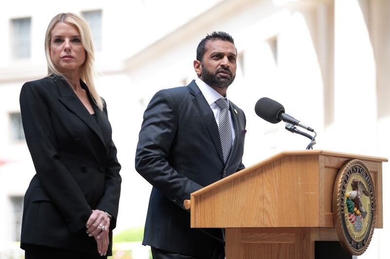WASHINGTON, DC - MAY 07: Director of the Federal Bureau of Investigation (FBI) Kash Patel speaks alongside U.S. Attorney General Pam Bondi during a press conference to announce the results of Operation Restore Justice on May 07, 2025 in Washington, DC. During the operation, 205 arrests were made nationwide in five days in a joint effort with federal, state, and local partners to arrest accused child sex abuse offenders and combat child exploitation. (Photo by Kayla Bartkowski/Getty Images)