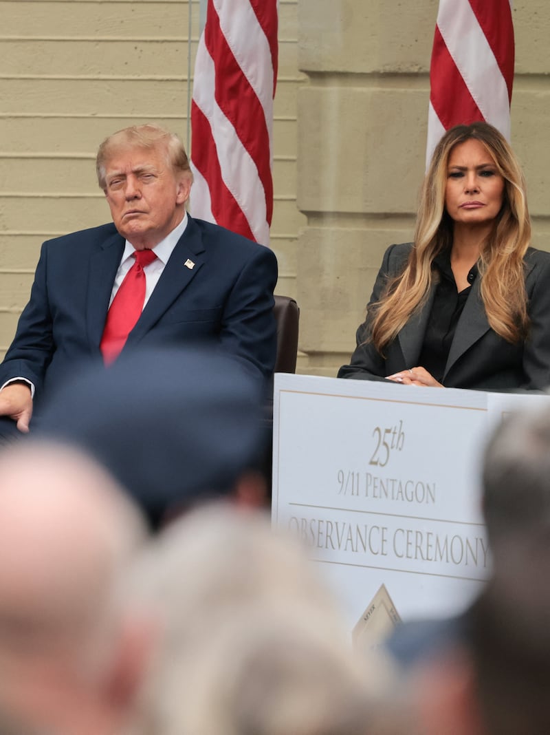 President Donald Trump and first lady Melania Trump attend an observance ceremony marking the 25th anniversary of the September 11, 2001 attack on the Pentagon, in Washington, D.C., September 11, 2026.