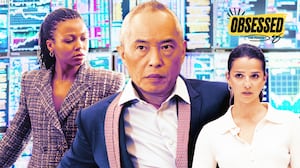 A photo illustration of Ken Leung in center with My'hala and Marisa Abela in Industry.