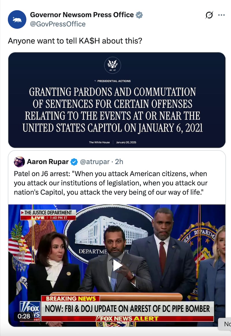 Newsom drew attention to Trump rewarding Jan. 6 rioters on his first day back in office.