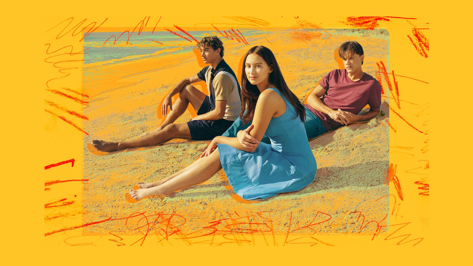 A photo illustration of Lola Tung (Belly), Christopher Briney (Conrad), Gavin Casalegno on The Summer I Turned Pretty.