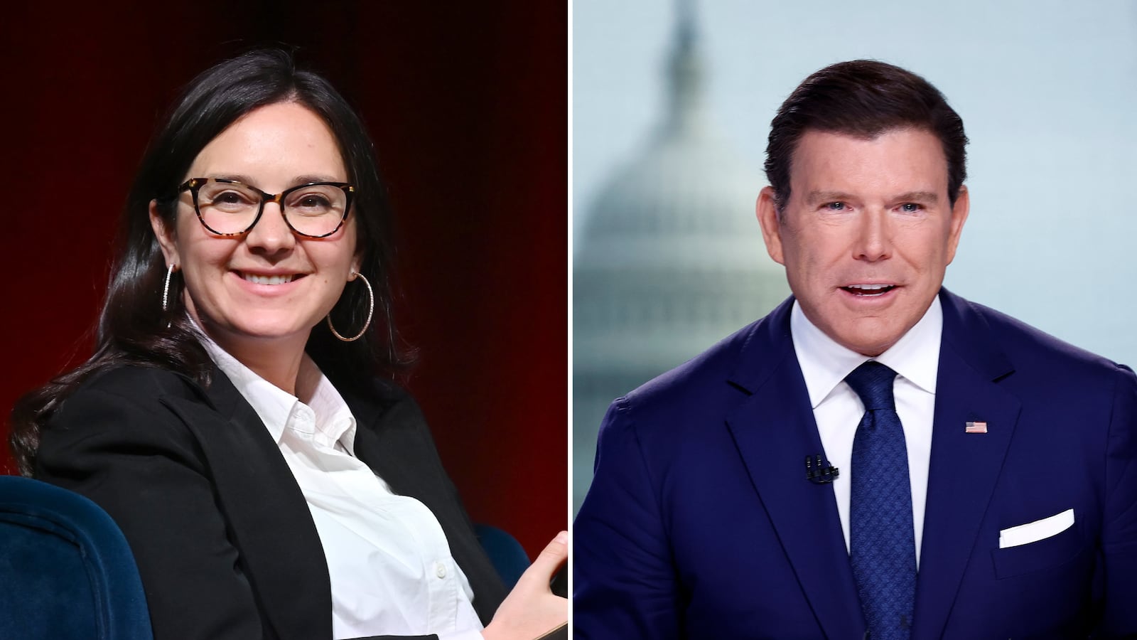 CBS's Editor-in-Chief Bari Weiss (left) is allegedly considering Fox News's Bret Baier for the anchor chair at "CBS Evening News."
