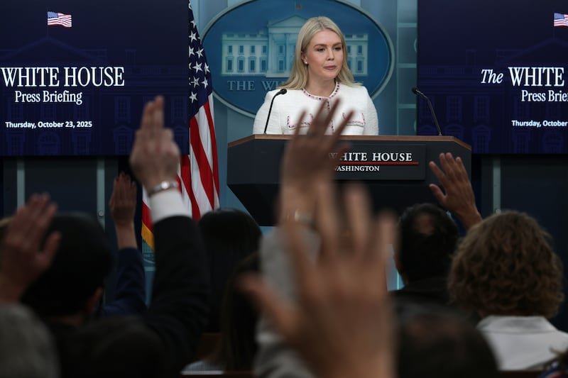 WASHINGTON, DC - OCTOBER 23: White House Press Secretary Karoline Leavitt speaks during the daily news briefing at the James Brady Press Briefing Room of the White House on October 23, 2025 in Washington, DC. Leavitt discussed various topics, including the current government shutdown and the demolition of the East Wing of the White House. (Photo by Alex Wong/Getty Images)