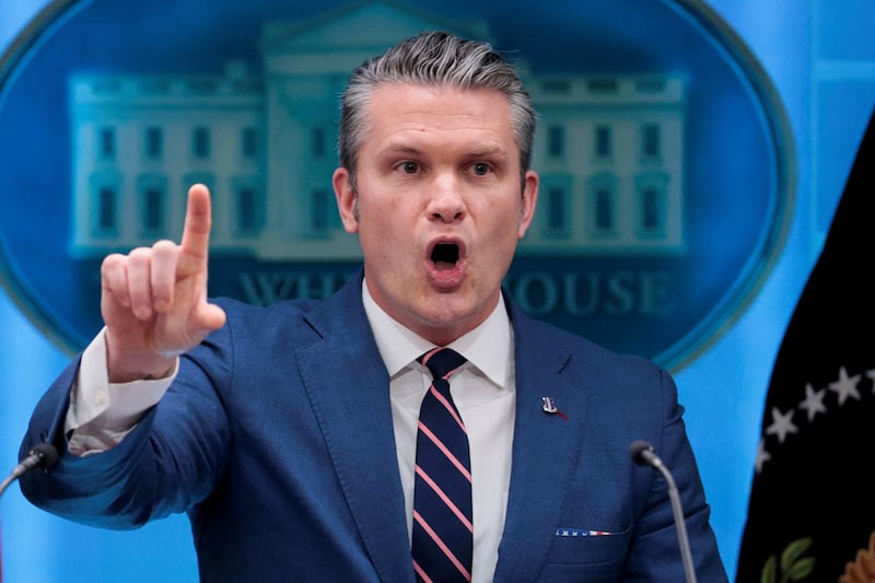 U.S. Secretary of Defense Pete Hegseth speaks during a press conference with U.S. President Donald Trump (not pictured) in the James S. Brady Press Briefing Room at the White House in Washington, D.C., U.S., April 6, 2026. REUTERS/Evan Vucci     TPX IMAGES OF THE DAY