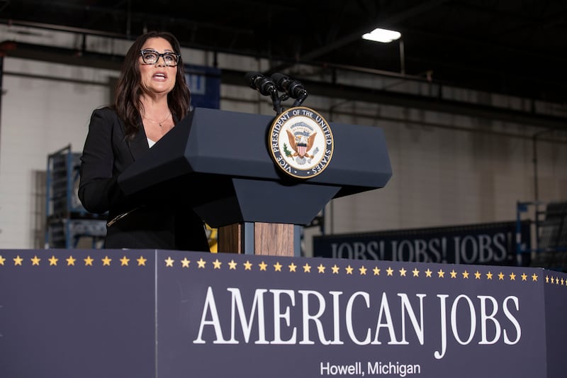 HOWELL, MICHIGAN - SEPTEMBER 17: US Labor Secretary Lori Chavez-DeRemer makes remarks and introduces Vice President JD Vance at Hatch Stamping on September 17, 2025 in Howell, Michigan. Vance spoke about tax cuts that were passed by Congress this year and how they would benefit businesses and families. (Photo by Bill Pugliano/Getty Images)