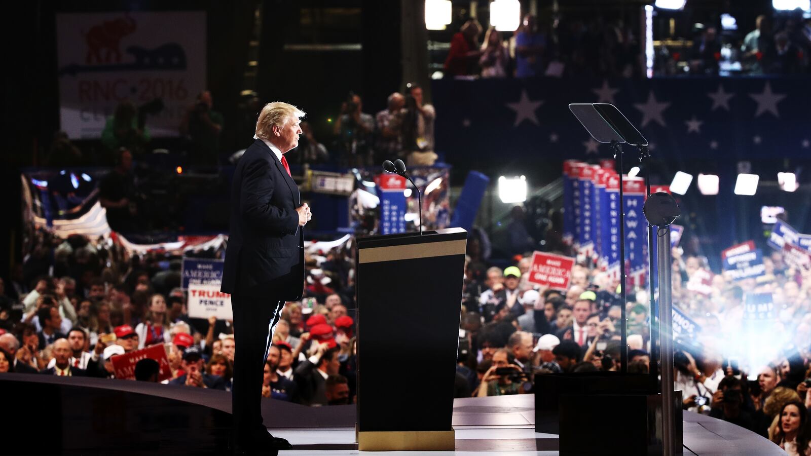 Republican presidential candidate Donald Trump preapres to deliver his speech during the evening session on the fourth day of the Republican National Convention