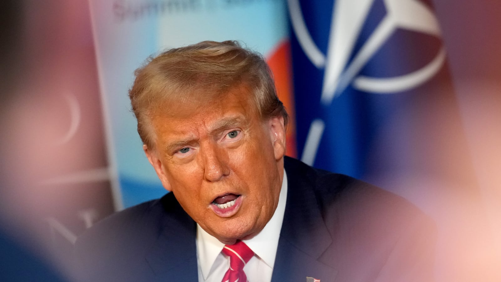 THE HAGUE, NETHERLANDS - JUNE 25: U.S. President Donald Trump speaks to media at the start of the second day of the 2025 NATO Summit on June 25, 2025 in The Hague, Netherlands. Among other matters, members are to approve a new defense investment plan that raises the target for defense spending to 5% of GDP. (Photo by Andrew Harnik/Getty Images)