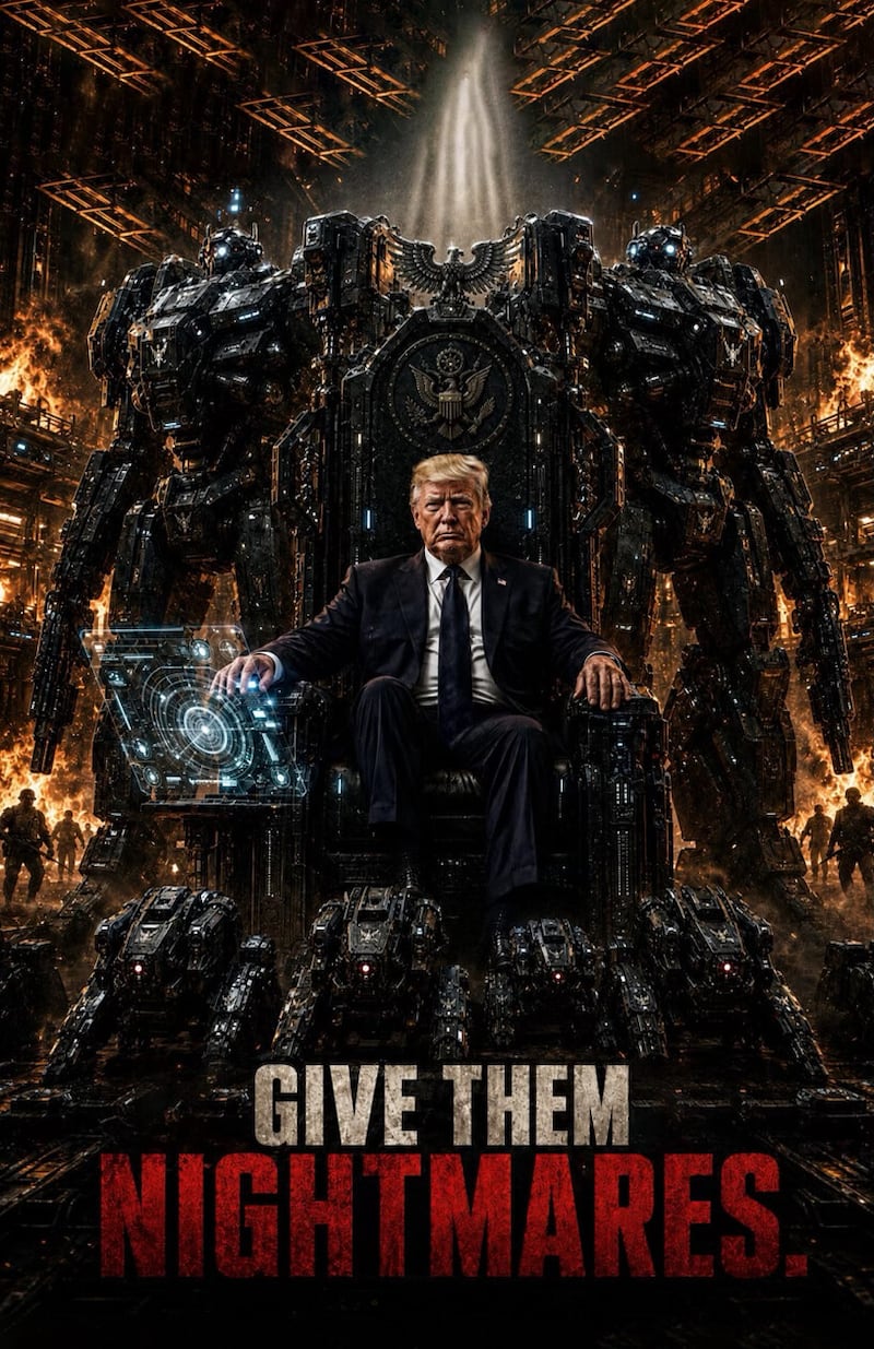 Trump alongside Transformer-like robots.