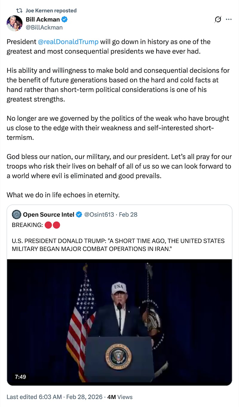 Joe Kernen reposts Bill Ackman's X post endorsing military intervention in Iran.