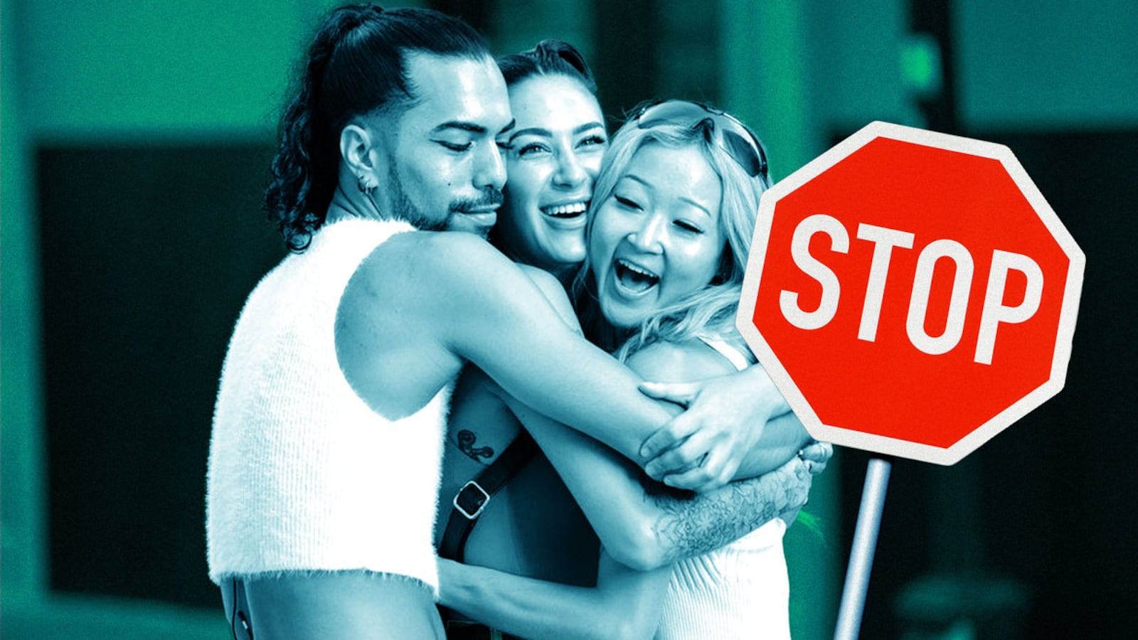 An illustration including a still from the series Couple to Throuple on Peacock