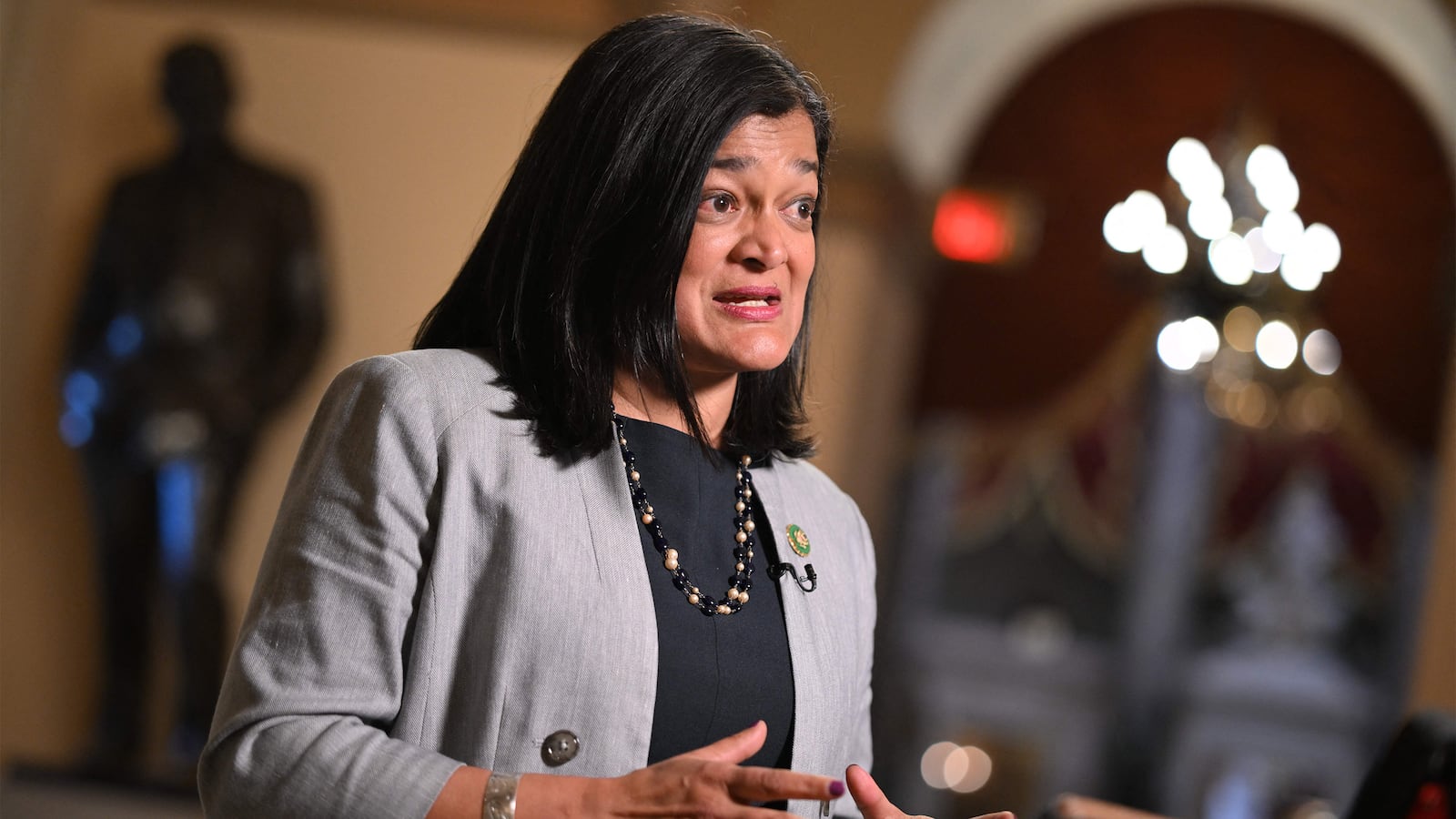 A photo of Rep. Pramila Jayapal speaking at the US Capitol.