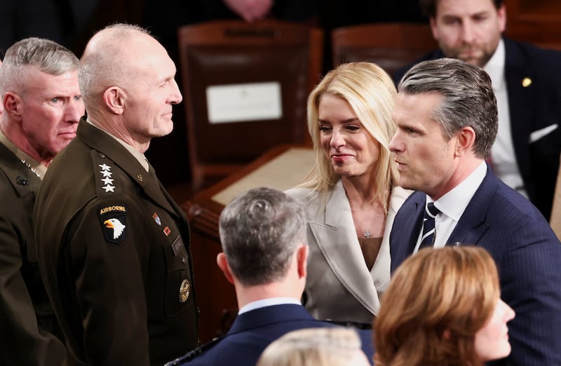 U.S. Secretary of Defense Pete Hegseth, U.S. Attorney General Pam Bondi and General Randy George, Chief of Staff of the U.S. Army attend the U.S. President Donald Trump's State of the Union address to a joint session of Congress in the House Chamber of the U.S. Capitol in Washington, D.C., U.S., February 24, 2026