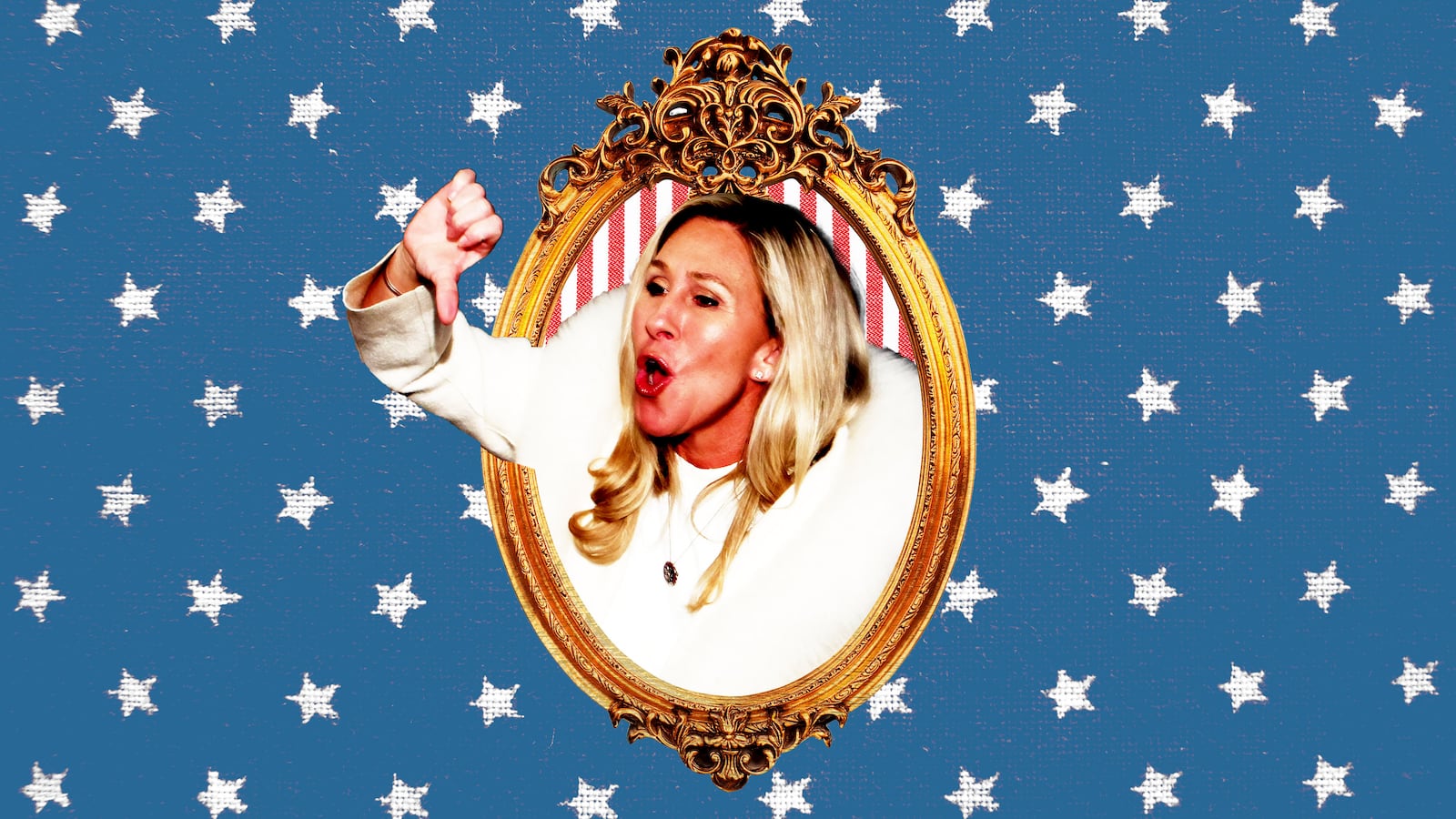 Marjorie Taylor Greene with her thumb down inside a gold frame on a blue star background