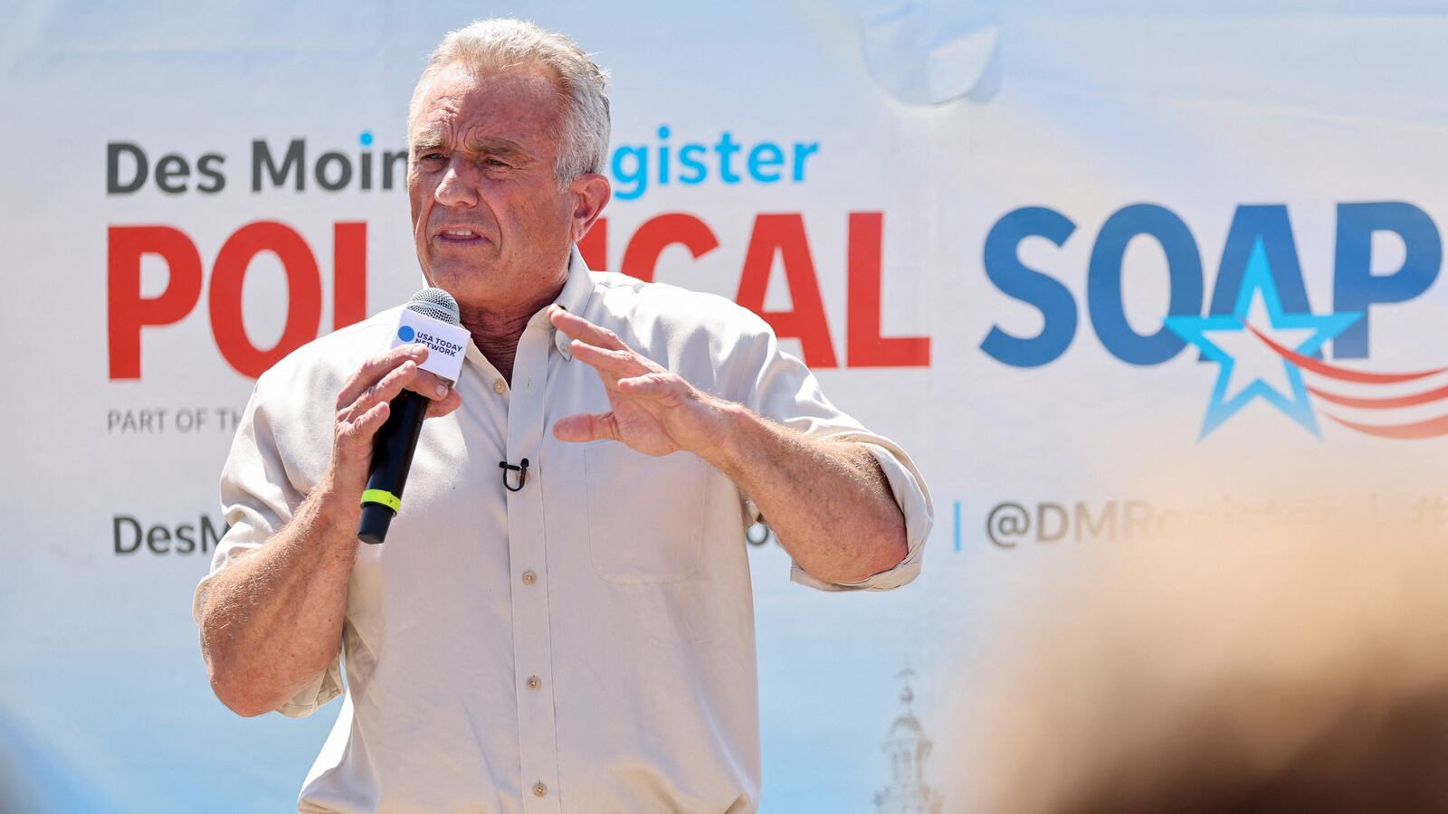 Democratic presidential candidate Robert F. Kennedy Jr. delivers his political soapbox speech at the Iowa State Fair in Des Moines, Iowa.