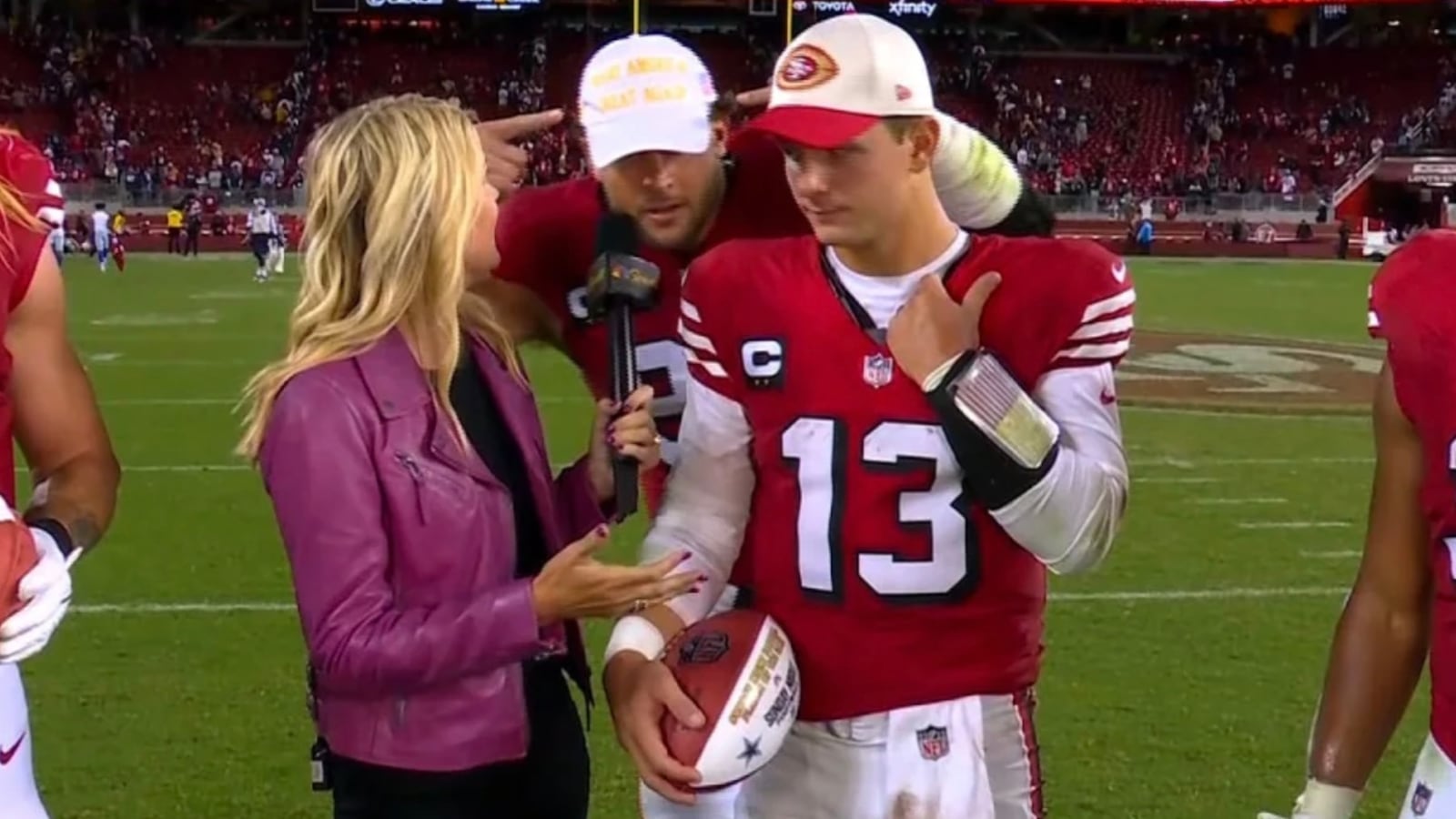 Nick Bosa crashes his teammates' postgame interview on NBC while wearing a MAGA hat.