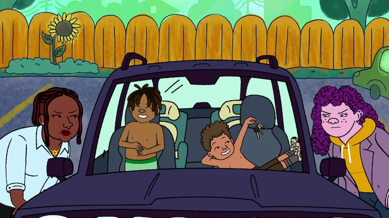 Nicole Byer as Kendra, Avia Fields as Walter Hooper-Schwooper and Benjamin Hooper-Schwooper and Abbi Jacobson as Shira Schwooper