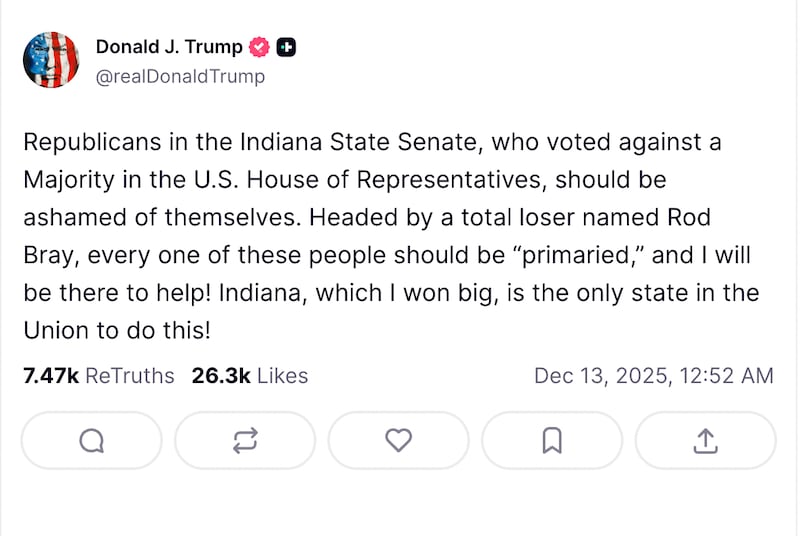 Donald Trump sounds off about Indiana Republicans on Truth Social.