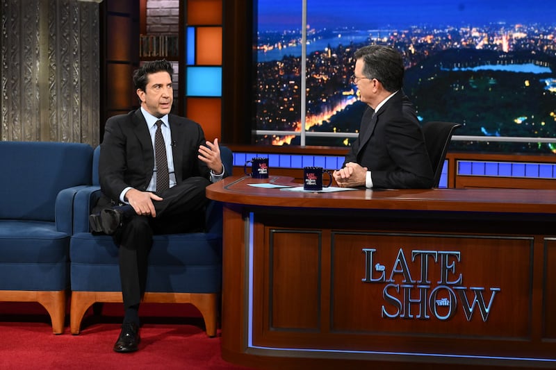 David Schwimmer appears on The Late Show with Stephen Colbert. Photo by Scott Kowalchyk/CBS via Getty Images.