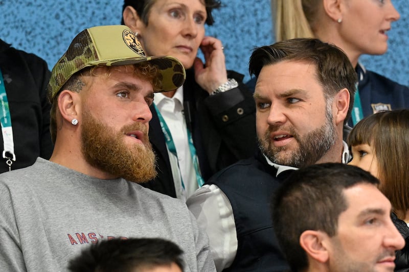 US boxer and influencer Jake Paul and  US Vice President  JD Vance attend the women's Ice Hockey match between USA and Finland at the Milano Cortina 2026 Winter Olympic Games in Milan, on February 7, 2026.