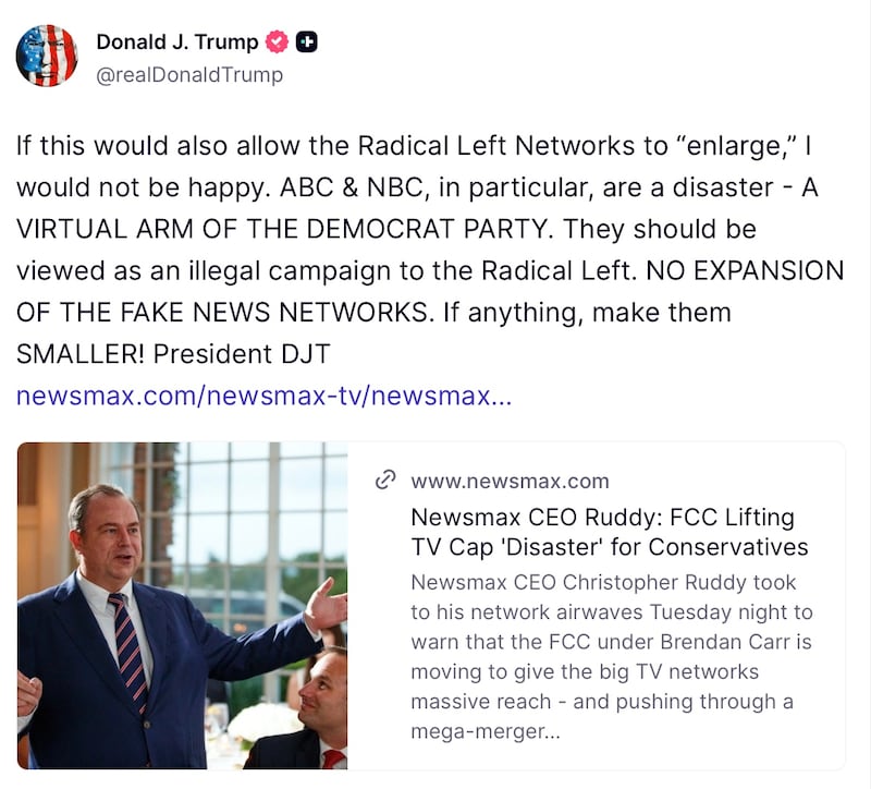 Donald Trump posts on Truth Social about media ownership changes.
