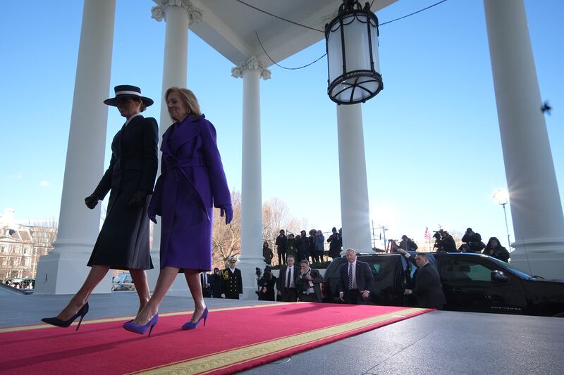 WASHINGTON, DC - JANUARY 20:  Melania Trump and First lady Jill Biden walk inside ahead of  Inauguration ceremonies for U.S. President-elect Donald Trump , at the White House on January 20, 2025 in Washington, DC. Donald Trump takes office for his second term as the 47th president of the United States. (Photo by Andrew Harnik/Getty Images)