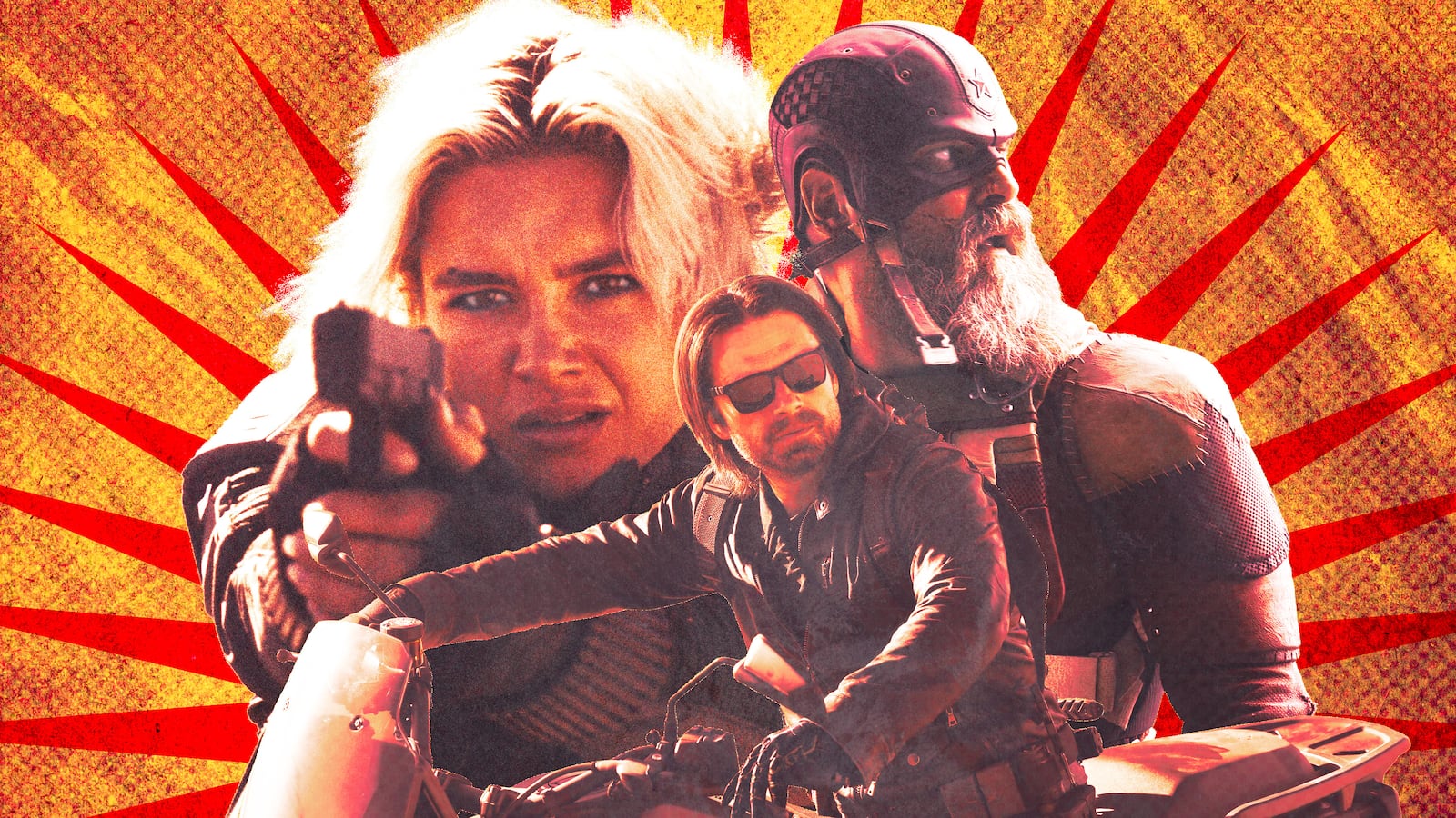 A photo illustration of Florence Pugh, Sebastian Stan, David Harbour in Thunderbolts.