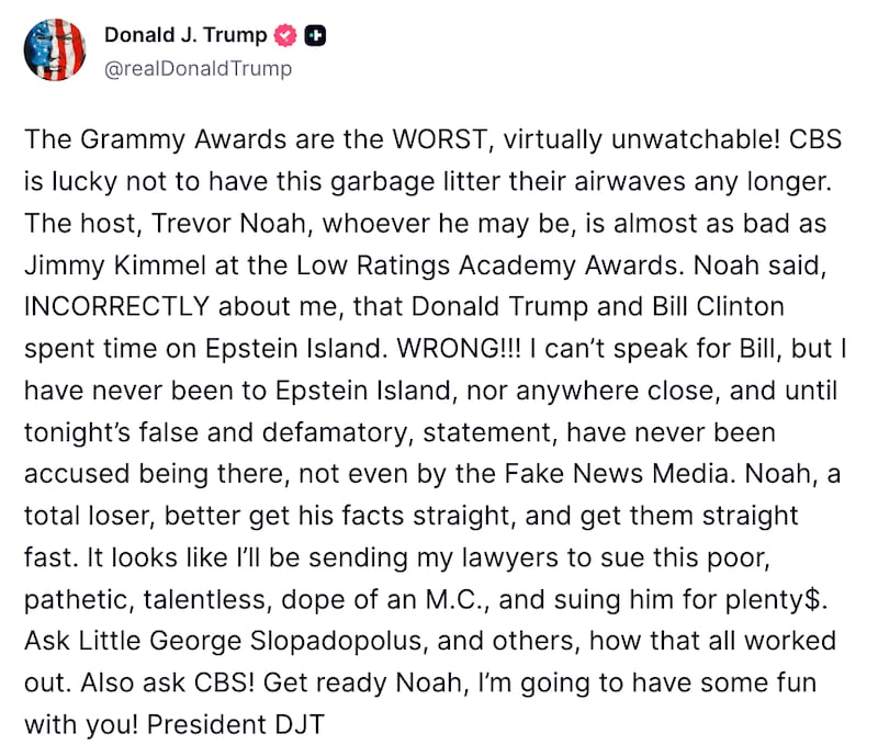 Donald Trump Truth Social rant about Trevor Noah