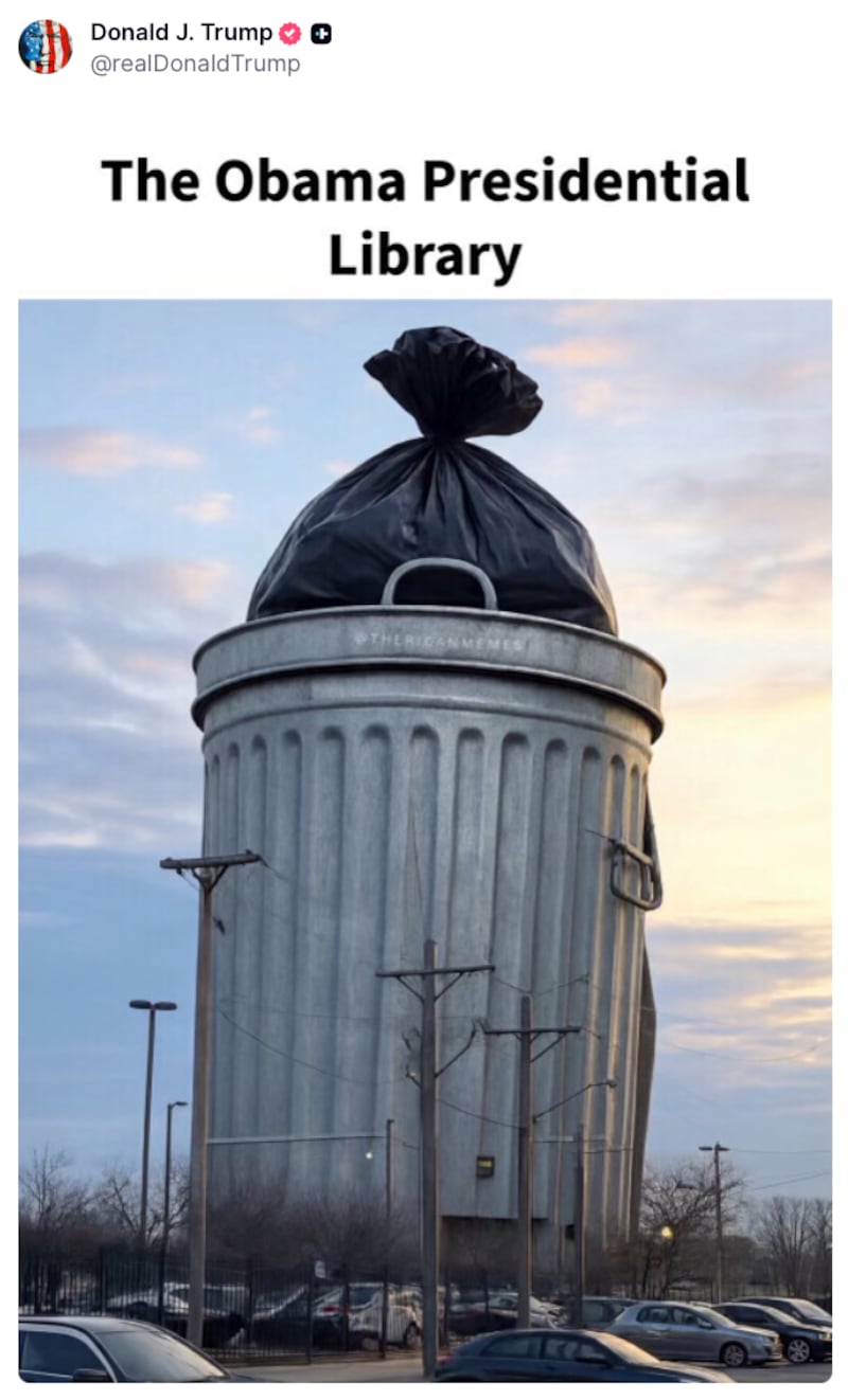 An AI image depicting the Obama Presidential Library as a giant trash can.
