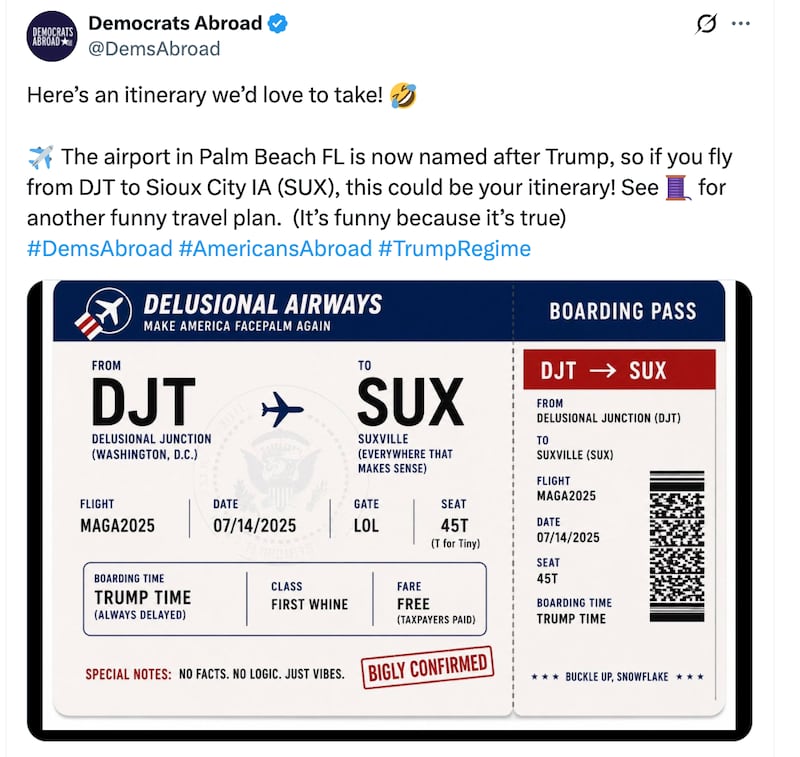 One of many tweets imagining a flight from the newly named Palm Beach airport.